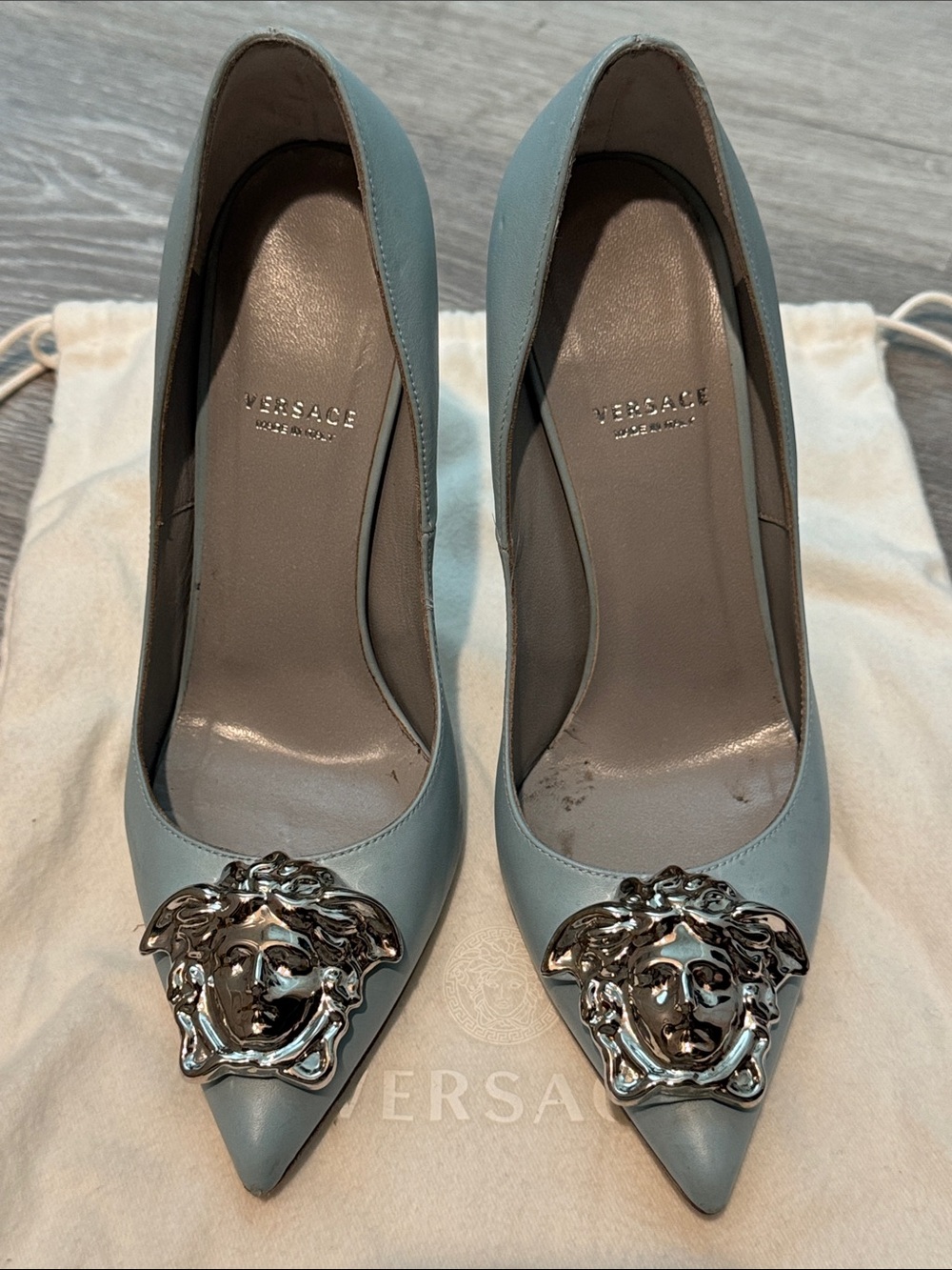 Versace Powder Blue Leather Medusa-Embellished Stiletto Pumps